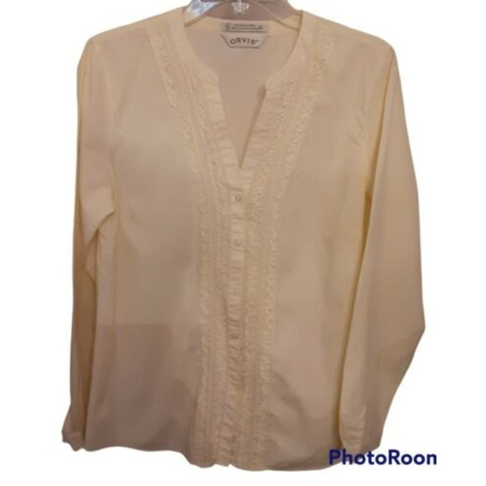 Orvis Women's Yellow and White Striped Button Down with Ruffle Front - Size 10